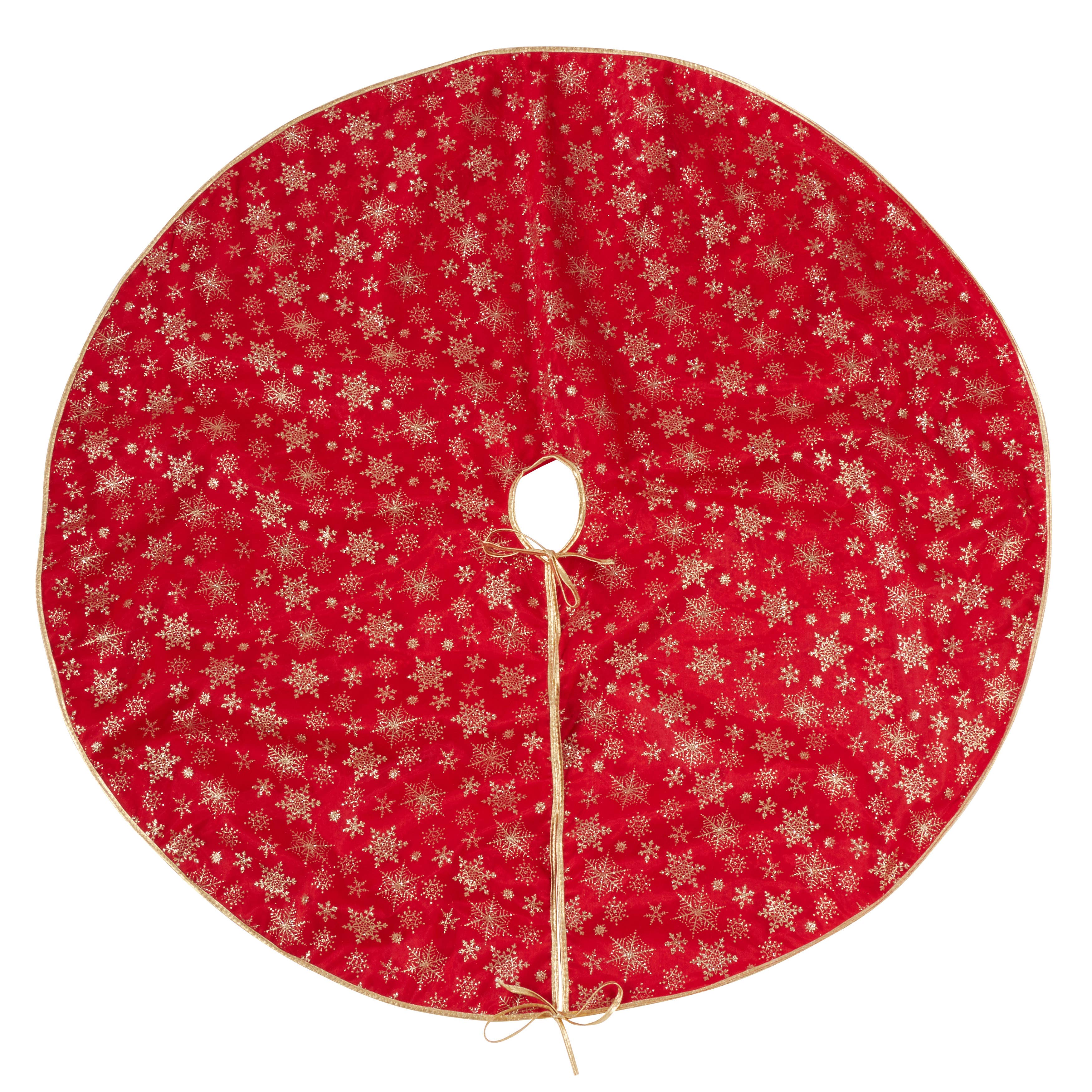 Red Organza Christmas Tree Skirt With Gold Snowflake Design for wholesale on Faire0