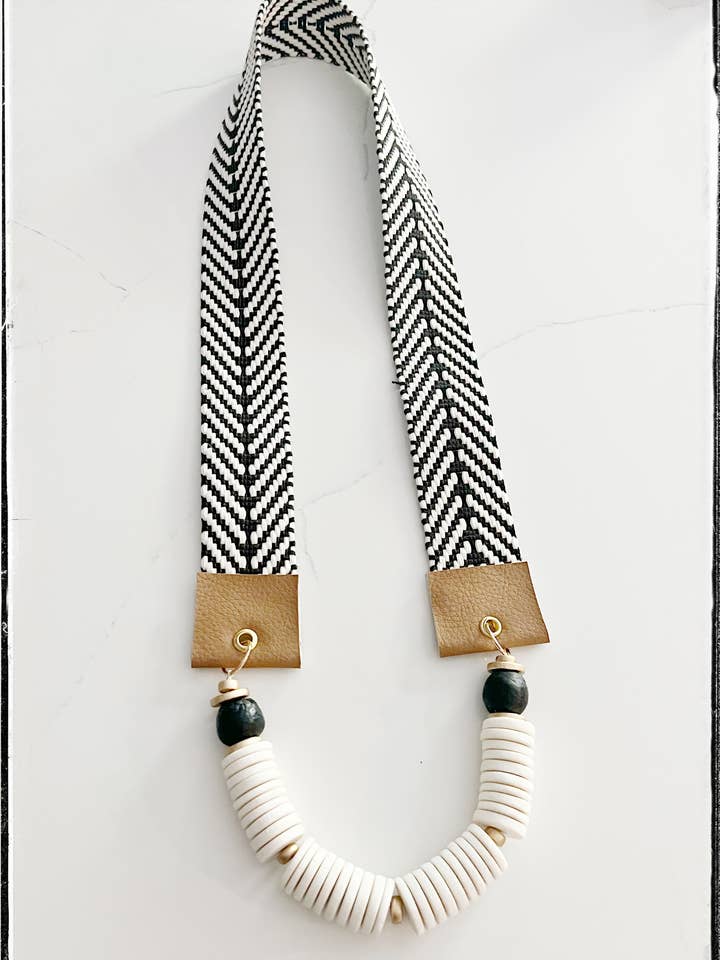 Chevron Fabric Strap Necklace- White Coconut & Glass Bead for wholesale by GentrybyJenna