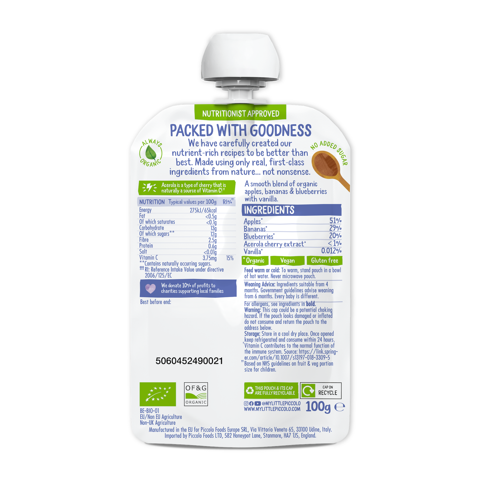 Piccolo Foods – wholesale Baby food – Piccolo Organic Apple, Banana & Blueberry 100g Baby Food Pou1