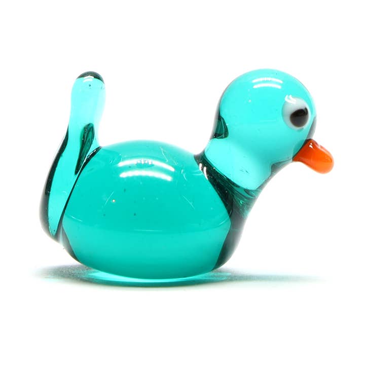 Teal Transparent Glass Duck Miniature Ornament, Plant Dec for wholesale by Joy McMillan Glass