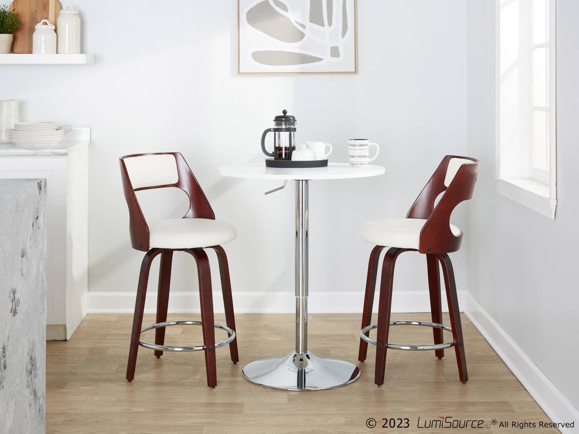 Cherry Wood White PU Chrome Metal Pino 24" Fixed-Height Barstool - Set of 2 for wholesale on Faire7