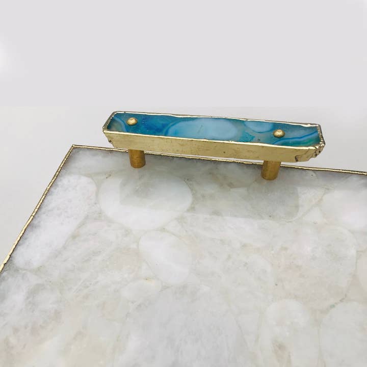 The Tangerine Store - Wholesale Serving tray - White Crystal Agate Plated Serving Tray With Blue Agate/Onyx Handles/Personalised Momentos/Sign Boards2