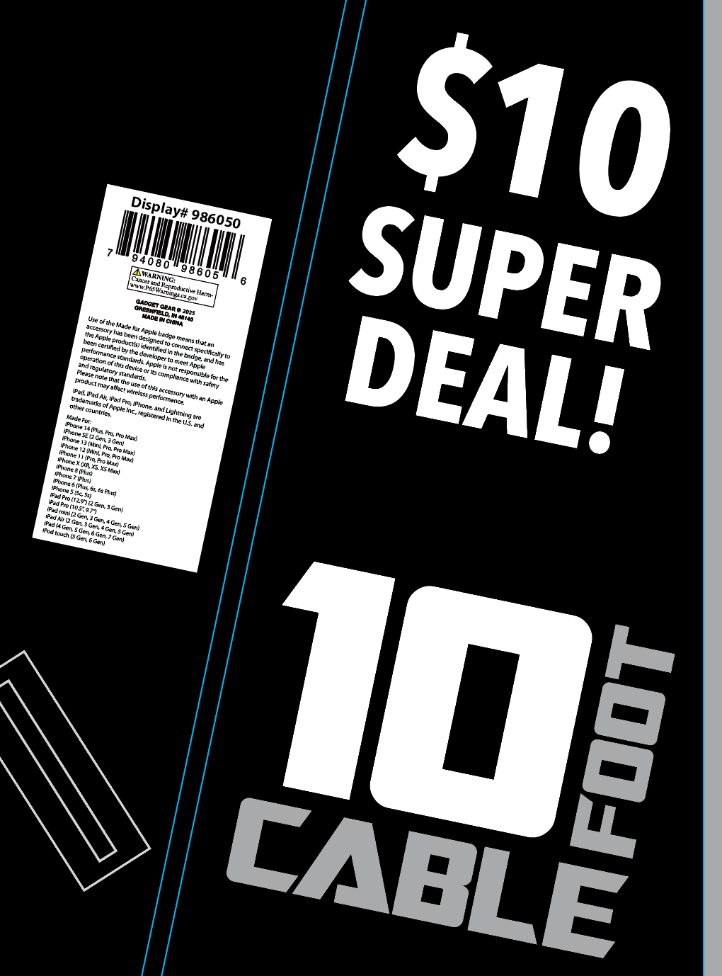 Novelty Brands - Wholesale Charging Cable - 10 ft Charging Cable Assortment Floor Display- 24/Display6