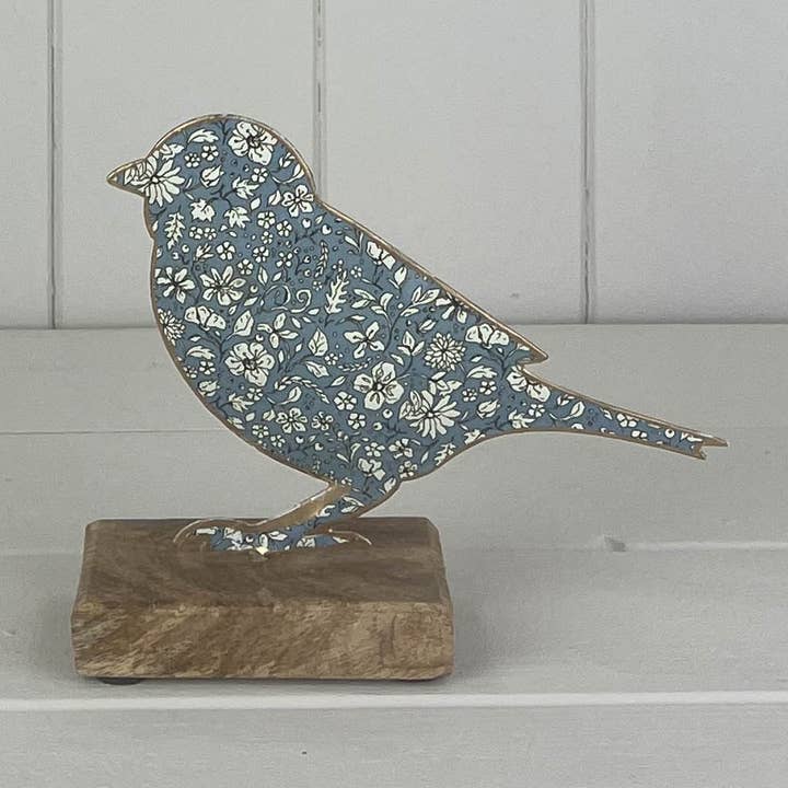 Satchville – Objeto de mesa decorativo por atacado – Pássaro de Metal Azul em Base de Madeira0