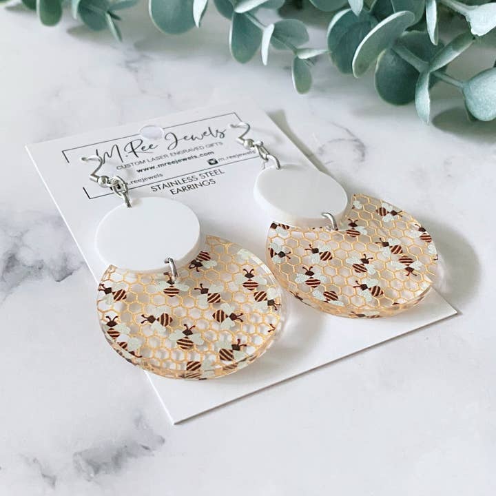 Beehive Acrylic White Dangle Honeycomb Honey Bee Earrings for wholesale by M.Ree Jewels Creative