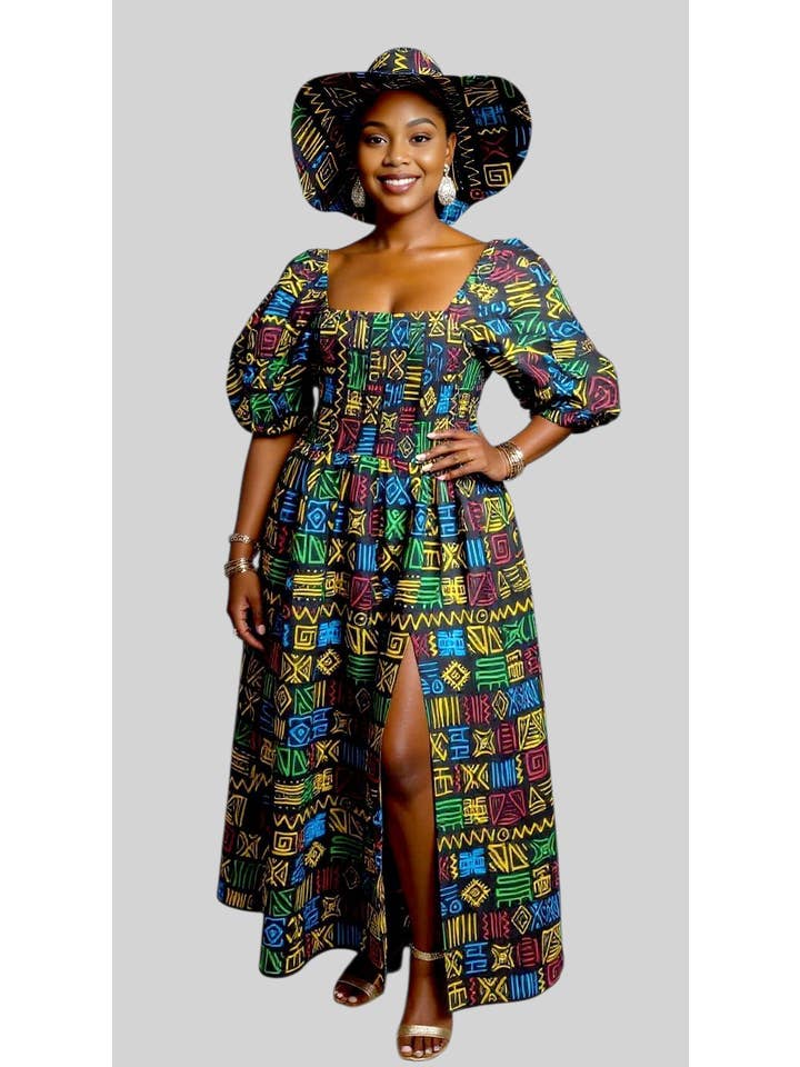 India Batik - Wholesale Dress – Women's - Maxi Slit Dress with Hat & Scarf Set SD01 Rasta