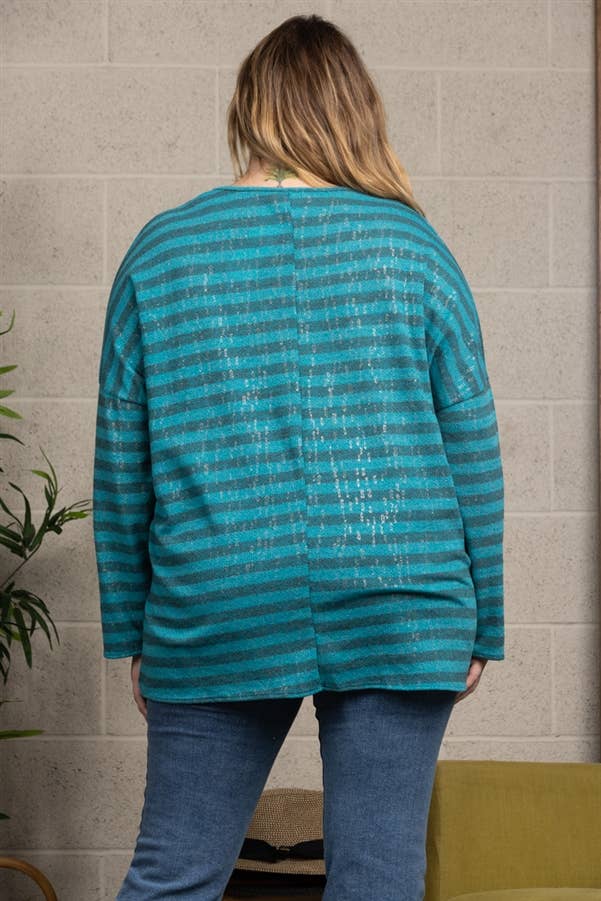 OCEAN BLUE STRIPPED & SPARKLED ALL OVER PLUS SIZE TOP for wholesale on Faire3