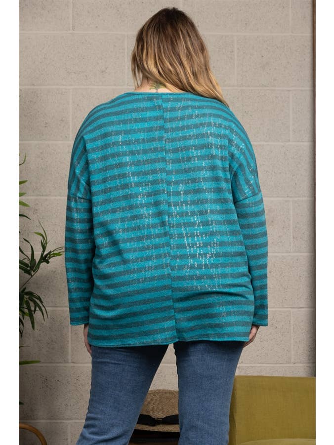 OCEAN BLUE STRIPPED & SPARKLED ALL OVER PLUS SIZE TOP for wholesale on Faire3