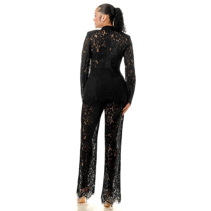 DORCAS - Vente Ensemble haut et pantalon (PAS d'intérieur) - Femme - Ensemble Veste en Dentelle à Manches Longues et Pantalon en Dentelle