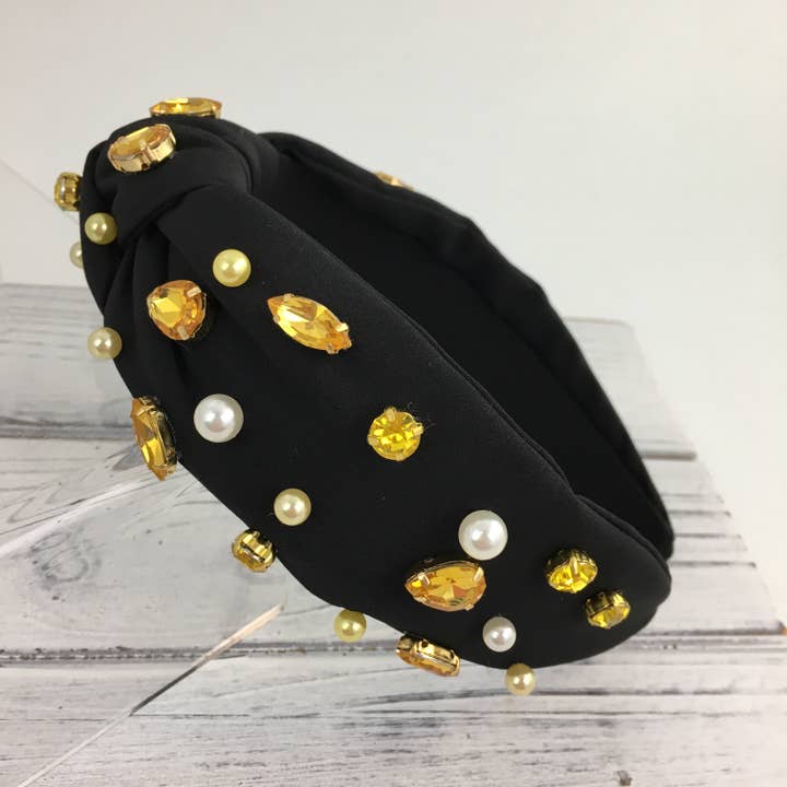 Diadema con nudo de perlas con piedras negras y doradas para venta al por mayor de SongLily
