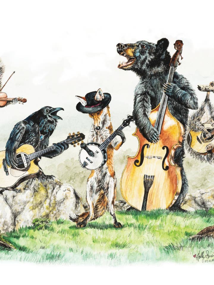 Bluegrass Gang: music Whimsical Wildlife Watercolor Poster for wholesale by Holly Simental