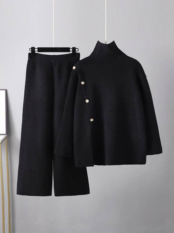 ShieldChic - Vendita all'ingrosso Completo top e pantaloni (NON loungewear) - Donna - Set Due Pezzi: Maglione a Collo Alto con Spacco Anteriore e Bottoni Sciolti in Colore Solido & Pantaloni a Gamba Larga Urbani3