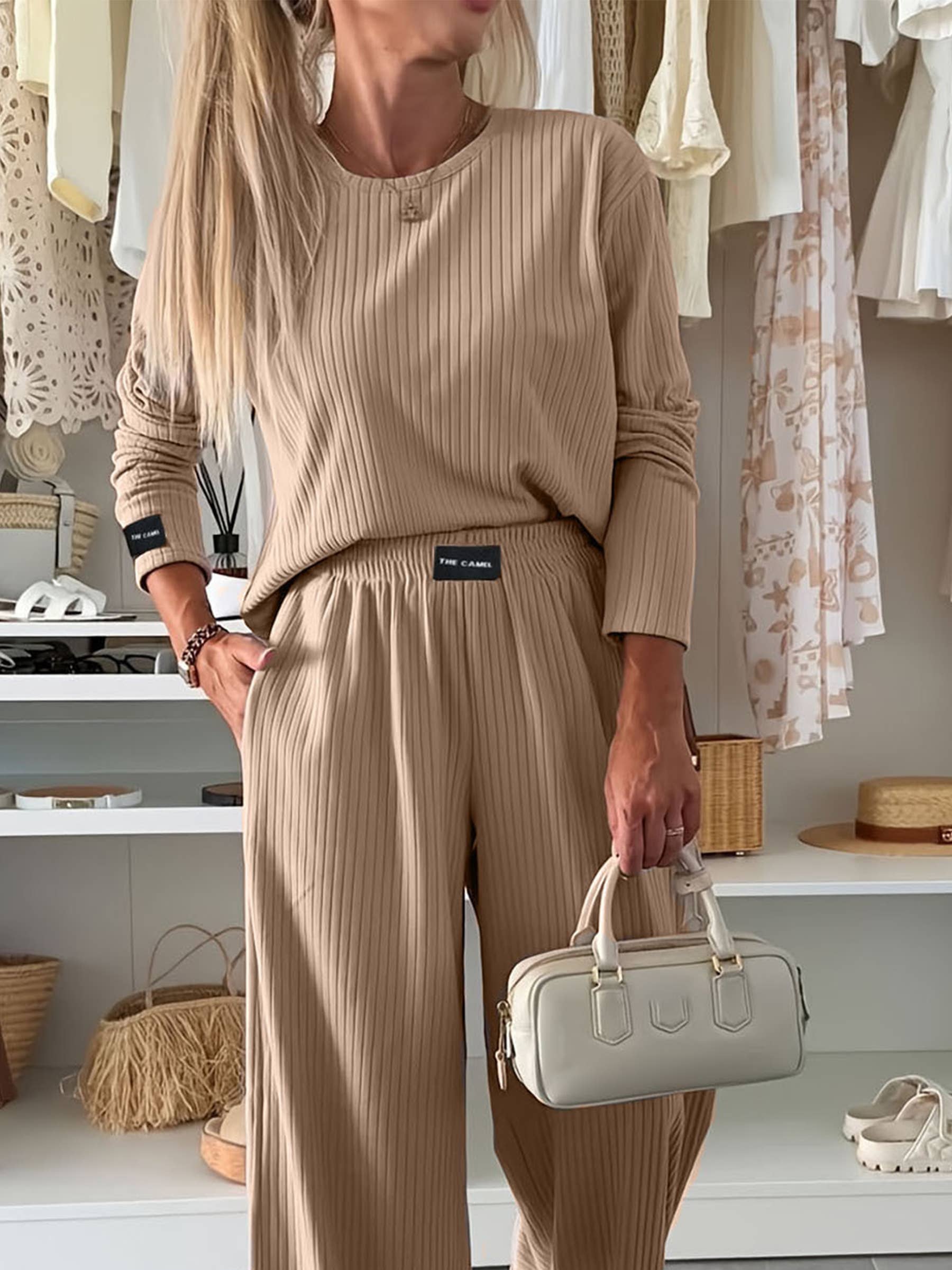 Marron Ensemble deux pièces : haut à manches longues et pantalon taille haute en vente sur Faire0