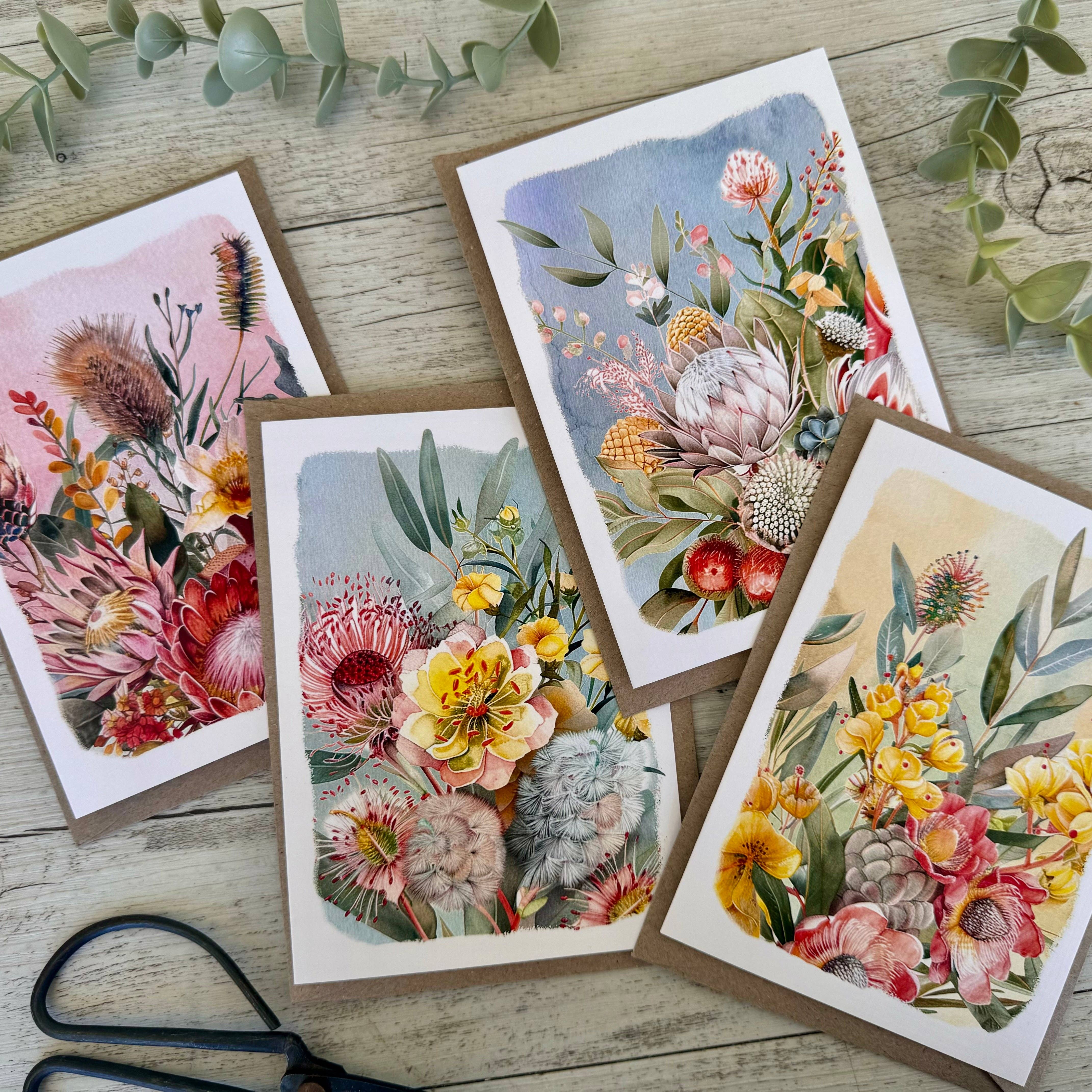 Scattered Seed Co - Wholesale Stationery/Notecard Set - AUSTRALIAN FLORALS with borders Blank cards set of 40