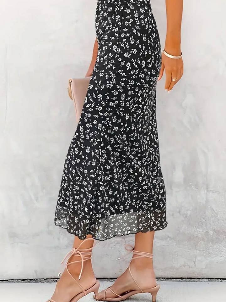 Black CWBMS0120_GAUZE FLORAL LONG HALF LIFE SKIRT for wholesale on Faire