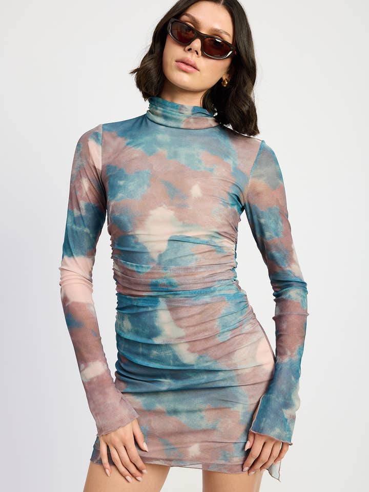 MOCK NECK RUCHED MINI DRESS for wholesale by Emory Park