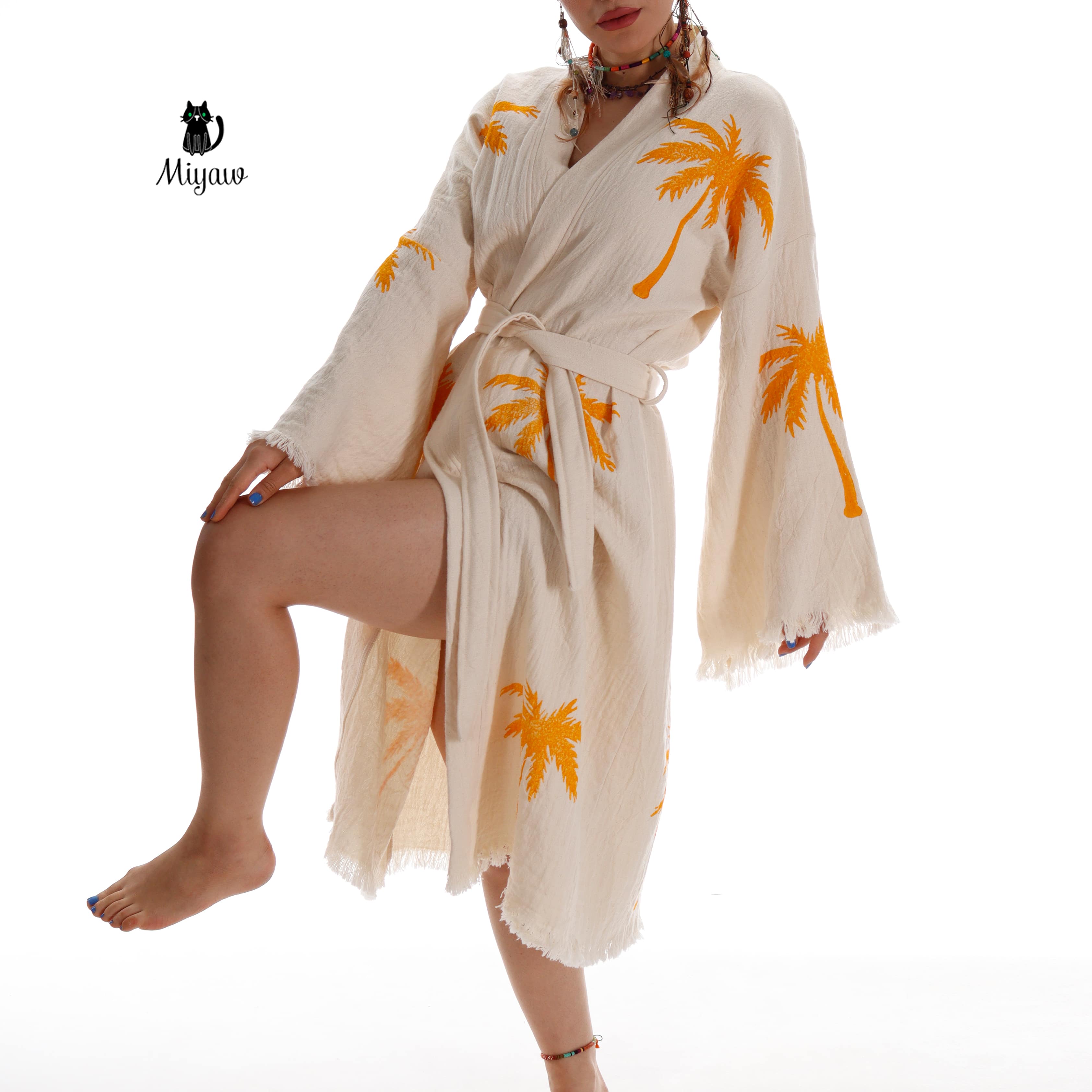 Pure & Chic, LLC - Miyawfashion - Wholesale Robe - Women's - Boho Palm Tree Stamped Organic Cotton Kimono Robe - Handcrafted Beach Coverup7