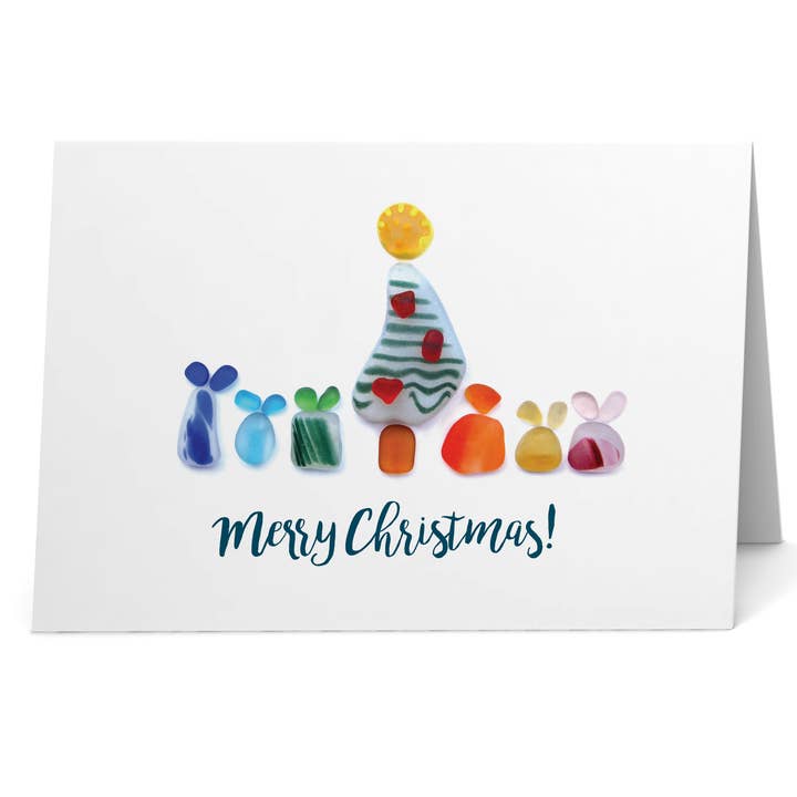 Etched by the Sea, Inc. – wholesale Christmas card – Sea Glass Christmas Tree with Gifts Holiday Card