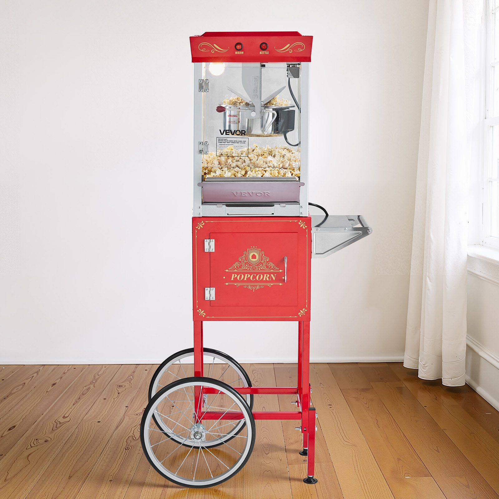 VEVOR Popcorn Machine with Cart, 8oz Stainless Steel Kettle, 800W Commercial Popcorn Maker, 48 Cups per Batch Theater Style Popper, with 2-Button Control Glass Wall PC Door 1 Scoop 3 Spoons, Red for wholesale on Faire6