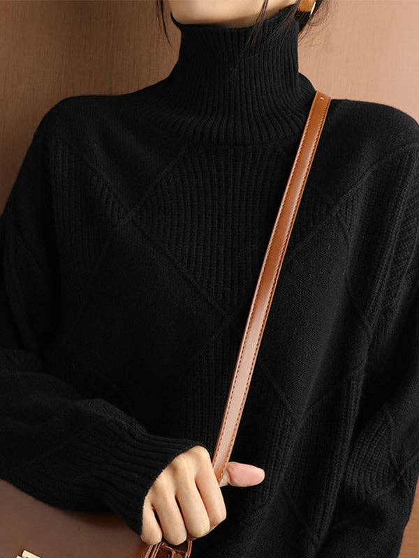 ShieldChic - Wholesale Knit Sweater - Women's - Loose Jacquard Solid Color High-Neck Sweater Tops16