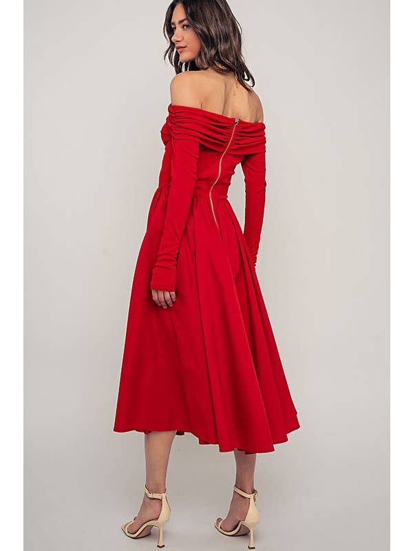 Urban Daizy - Wholesale Dress - Women's - Elegant Off Shoulder Ruched Long Sleeve Spring Midi Dress13