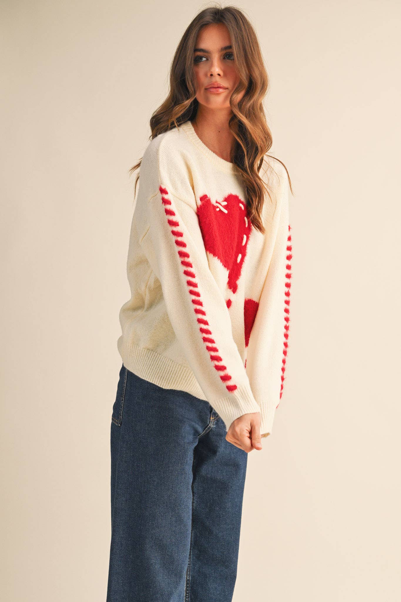&MERCI - Wholesale Knit Sweater - Women's - FUZZY HEART KNIT SWEATER WITH WHIP STITCH MSW1099014