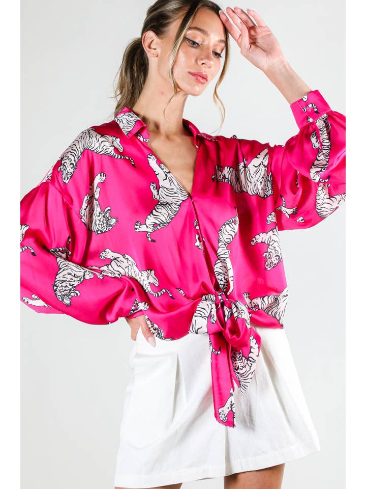 Vine & Love - Wholesale Button Down Shirt - Women's - Long puff sleeve tie front tiger printed satin top VT81497A