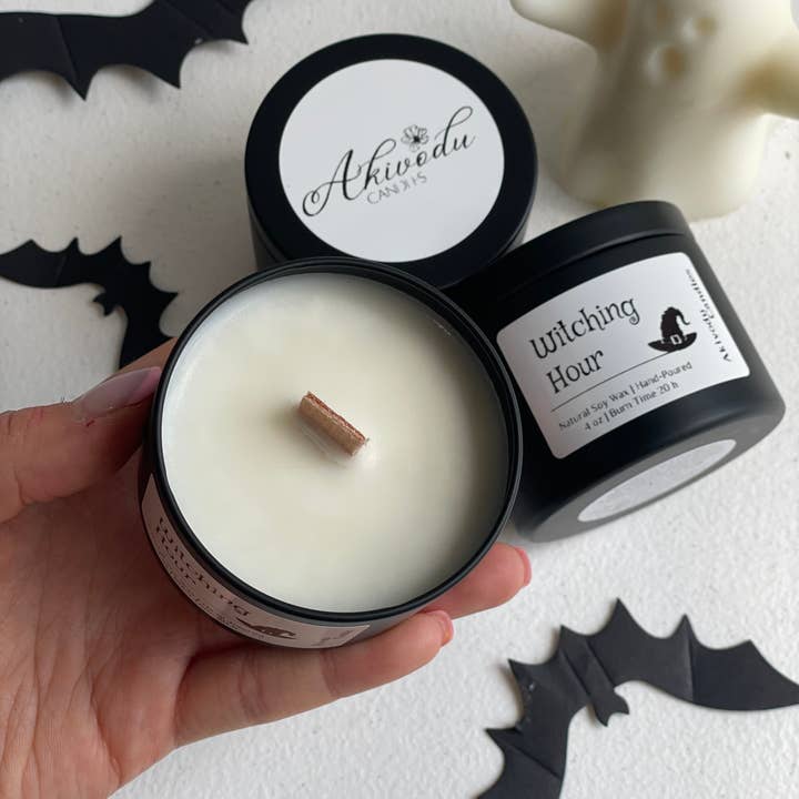 Akivodu Candles - Wholesale Jar/Filled Candle - Witching Hour Halloween Candle 4 oz - Cotton/Wood Wick5