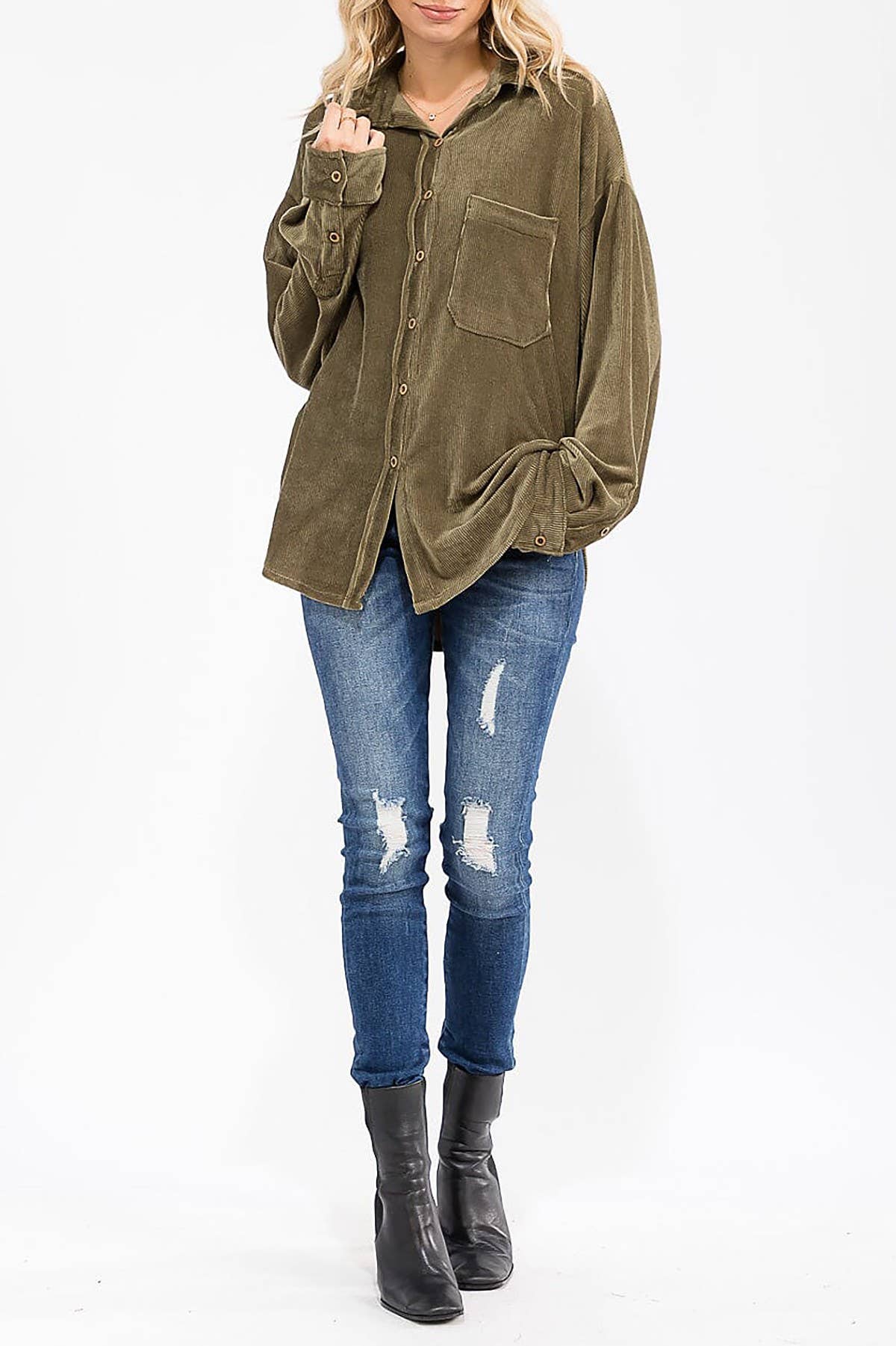 ROUSSEAU - Wholesale Button Down Shirt - Women's - OVERSIZED CORDUROY BUTTON DOWN POCKET FRONT TOP14