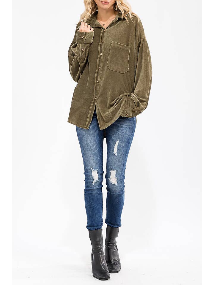 ROUSSEAU - Wholesale Button Down Shirt - Women's - OVERSIZED CORDUROY BUTTON DOWN POCKET FRONT TOP14