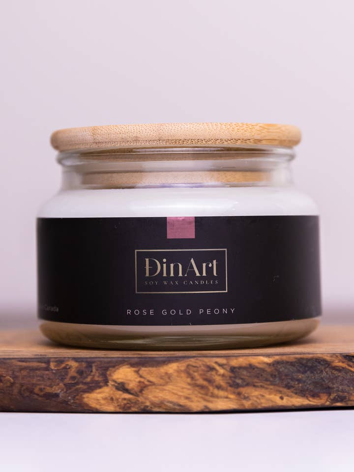 Rose Gold Peony Soy Wax Candle for wholesale by DinArt Candles