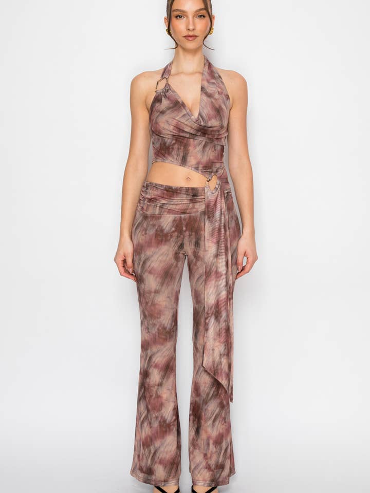 Desert Siren Mesh Printed Halter Flare Jumpsuit for wholesale by Nabae Clothing