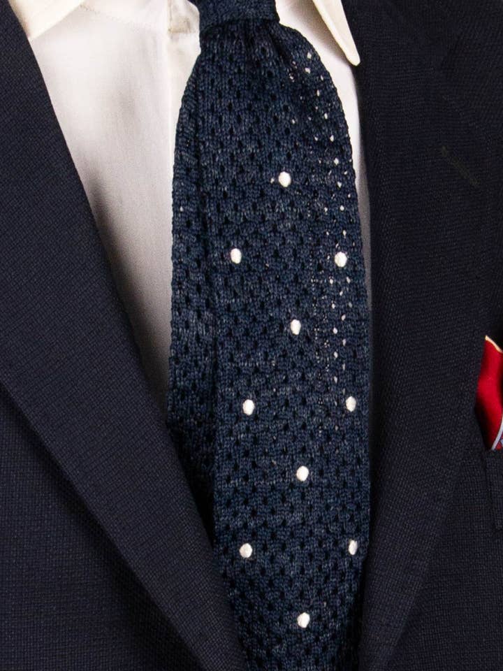Blue Silk Linen Knit Tricot Tie with White Polka Dots TRI960 for wholesale by Graffeo Cravatte