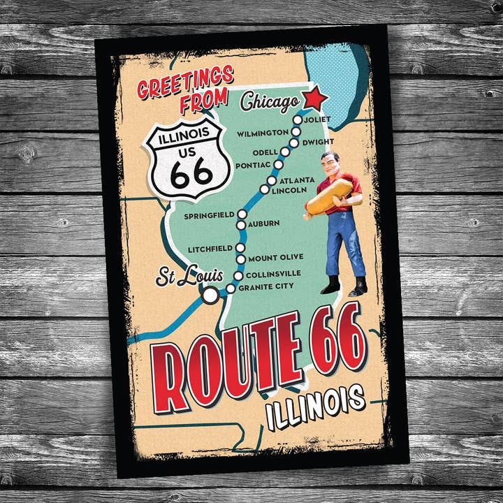 Greetings from Route 66 Illinois Map Postcard for wholesale by Christopher Arndt Postcard Co.