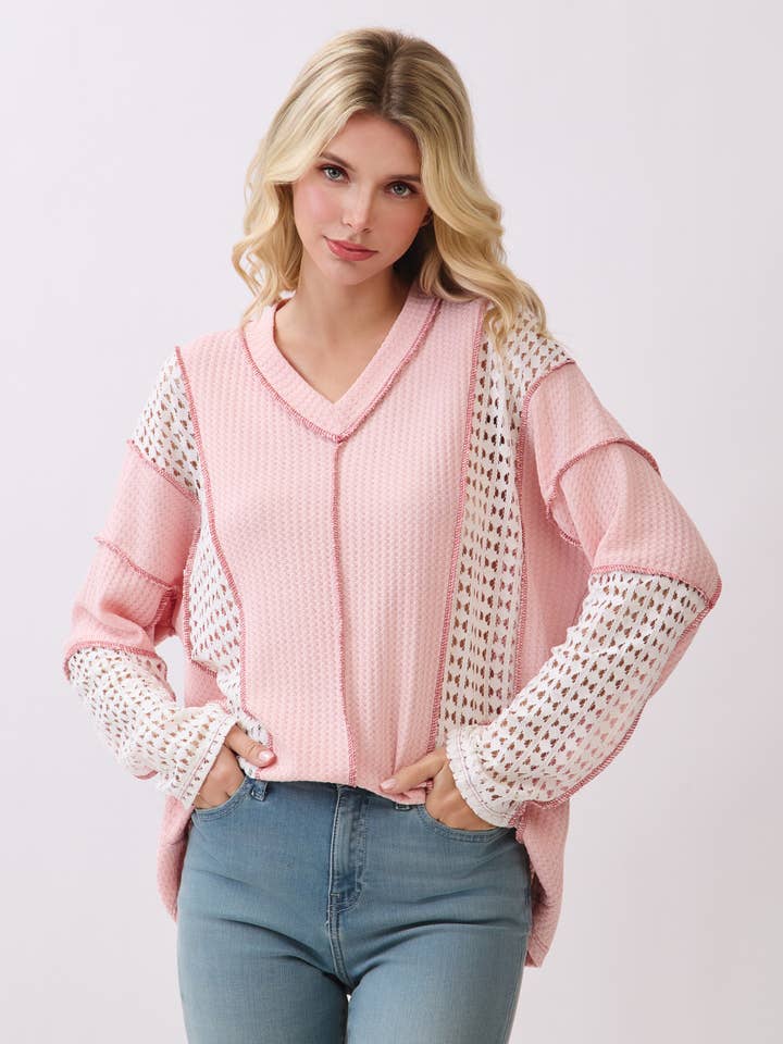 Top de manga larga con cuello en V y tejido de gofre en contraste T6145 para venta al por mayor de 7th Ray