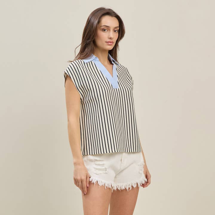 IVORY BLUE Striped top with contrast collar for wholesale on Faire