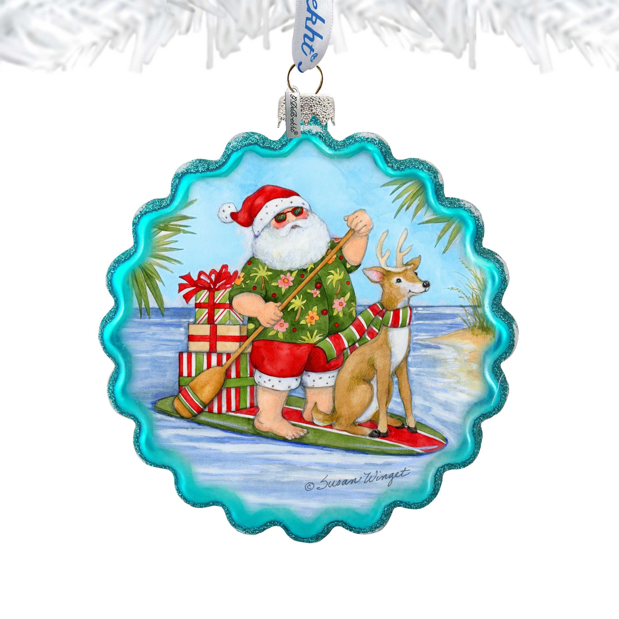 Designocracy - Wholesale Ornament - Christmas Handblown glass - Paddle boarding Santa ornament1