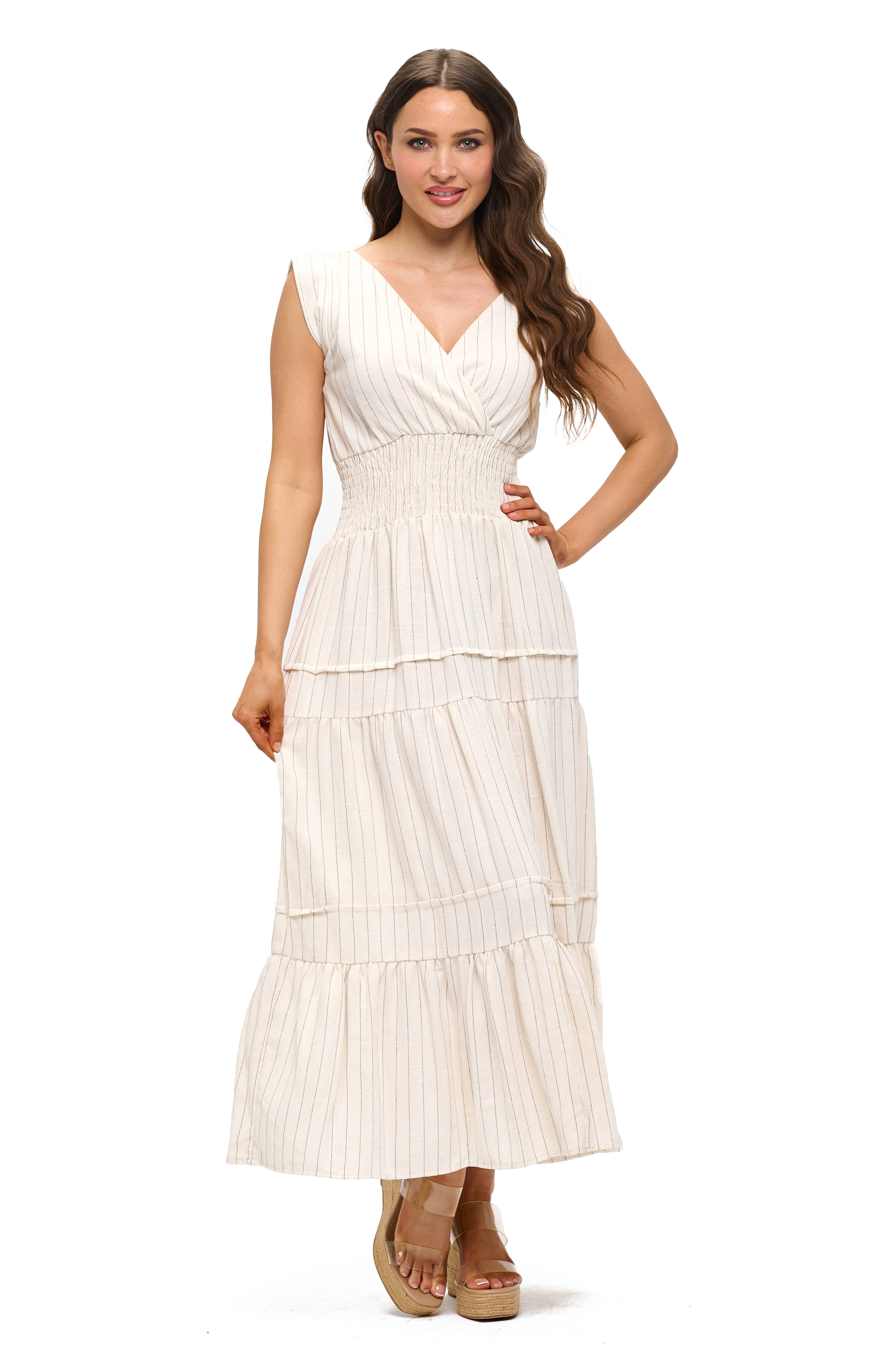Brooklyn Isles - Vente Robe – femme - D13-W001, Robe midi en lin à col en V5
