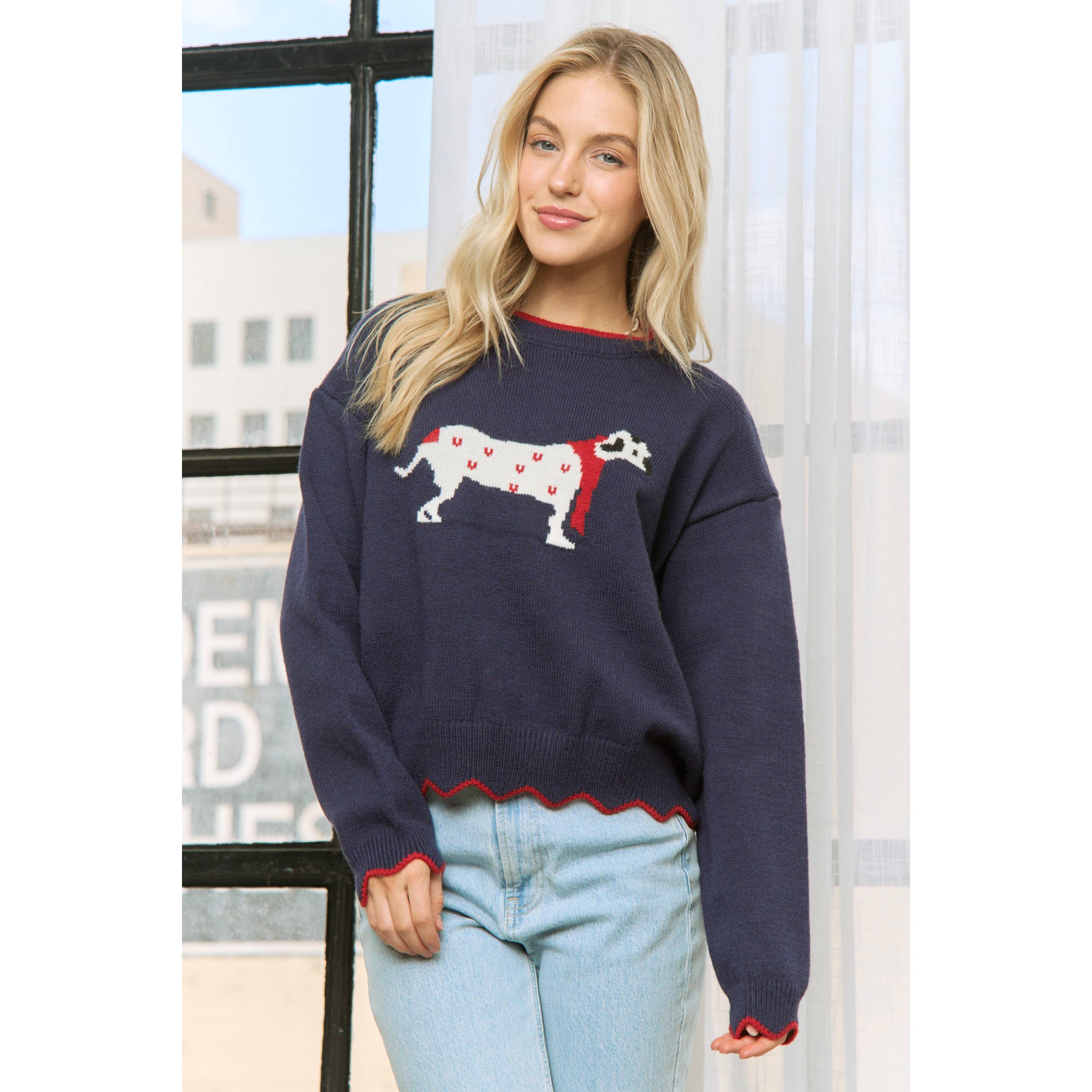 Navy Multi CHIC PUPPY JAQUARD SCALLOP EDGES SWEATER PULLOVER for wholesale on Faire1