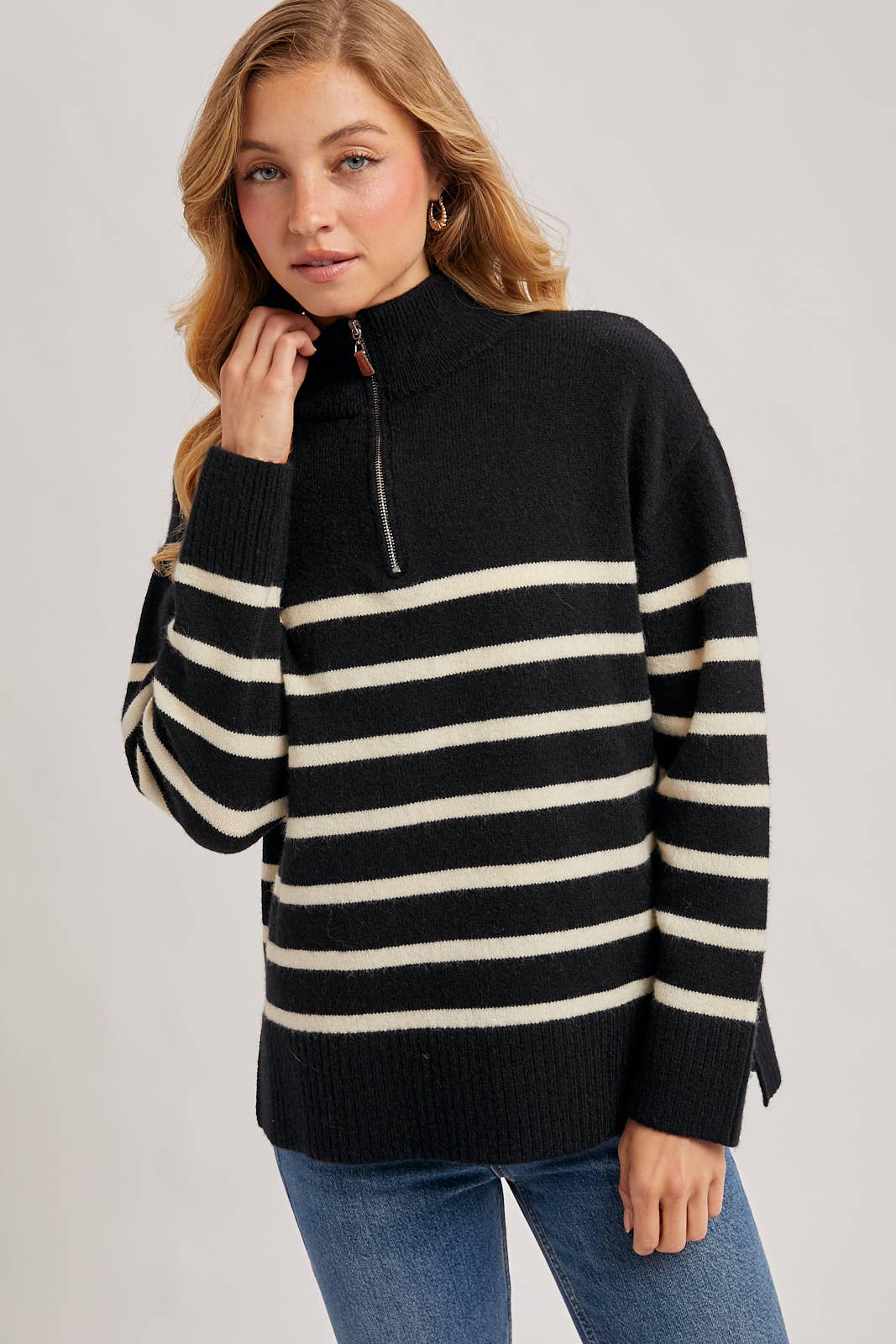Bluivy - Wholesale Knit Sweater - Women's - QUARTER ZIP UP STRIPE SWEATER PULLOVER6