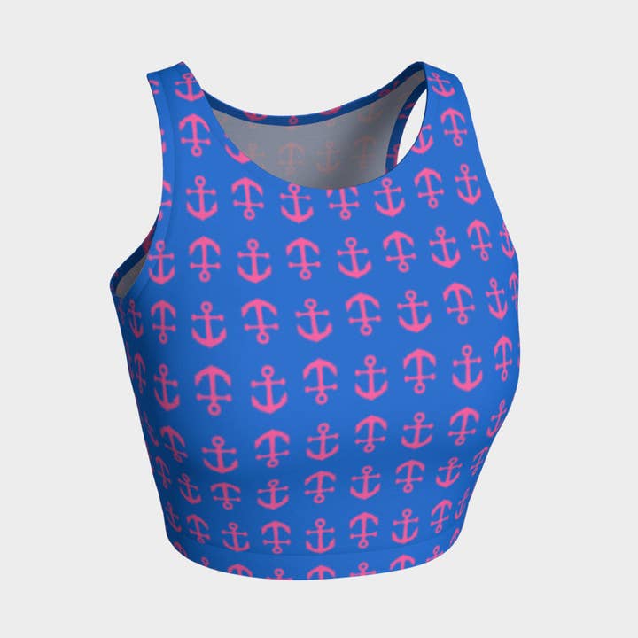 Crop Top athlétique Anchor Toss - Rose sur bleu pour la vente par SummerTies
