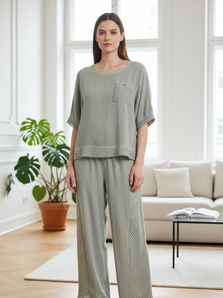 Loose blouse with mid-length sleeves and crochet details 15837 for wholesale by Shyloh