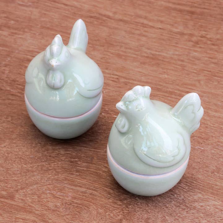 NOVICA - Wholesale Egg Cup/Holder - Novica Handmade Hen Breakfast Celadon Egg Cups (Pair)