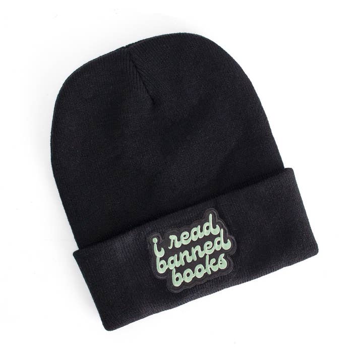 Black Beanie with I Read Banned Books Patch, green and black for wholesale by Electric Little Things