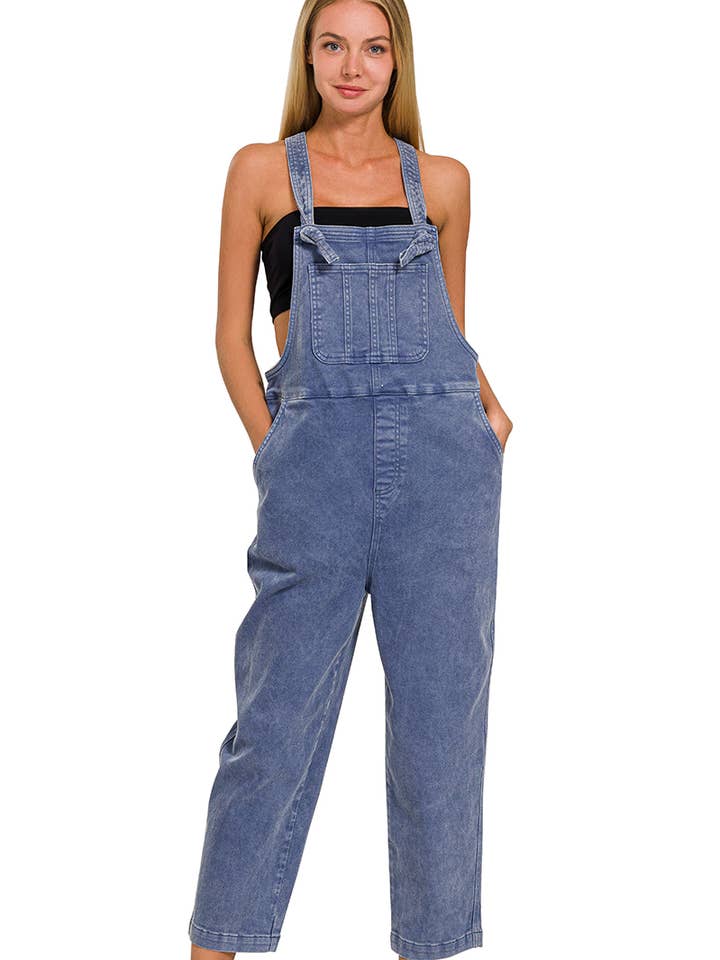.SI-25438 Acid Washed Knot Strap Relaxed Fit Denim Overalls for wholesale by 42POPS