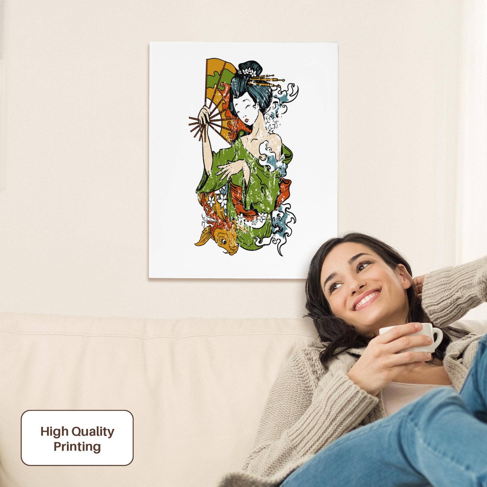 3dRose - Vente Affiche d'art - 3dRose, Geisha japonaise avec éventail Illustration à l'aquarelle, Toile de qualité musée1