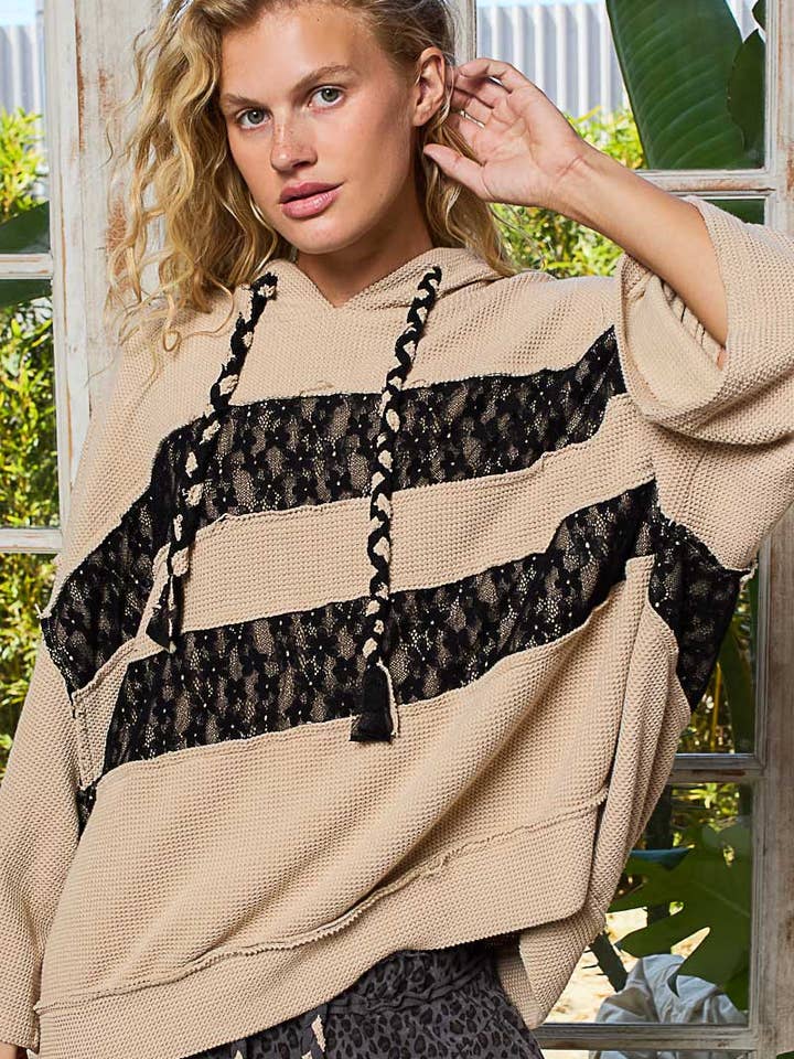 Boho Lace Patch 3/4 sleeve Oversized Hoodie for wholesale by Pol Clothing