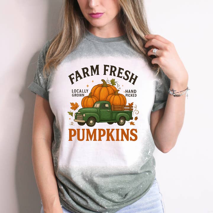 Farm Fresh Pumpkins Locally Grown Hand Fall Bleached Tee for wholesale by Hello Gorgeous Apparel
