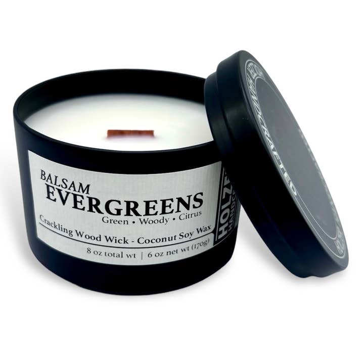 Wood Wick Candle Balsam Evergreens - Balsam + Bayberry + Fraser Fir Scented | Natural | Hand-poured Coconut Soy Wax | 6 oz Modern Black Tin with Lid | Handmade | Non-toxic Phthalate-free Luxury Fragrance for wholesale by Holzer Handcrafted ®