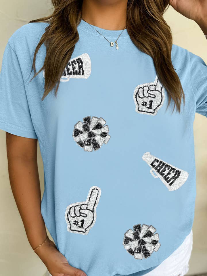 Light Blue Cheer Game Day Element Sequin Patched T Shirt for wholesale by Lovesoft